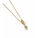 An 18 Carat Gold Emerald and Diamond Cluster Pendant on A 9 Carat Gold Chain, pendant length 1.