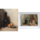 British School (20th century)Still life of onion, bread and teapotOil on canvas, and a further still