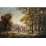 British School (20th Century)Hunting scene in the woodsSigned, oil on canvas board, 59cm by 89.5cm