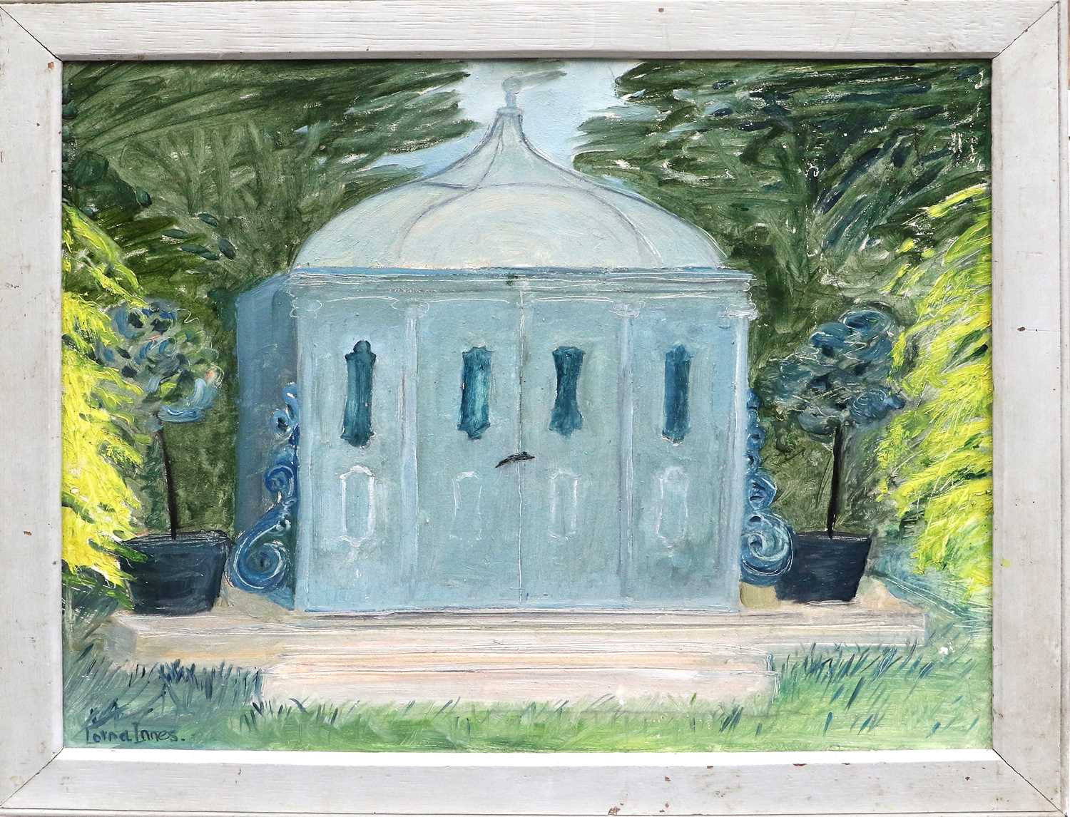 Lorna Innes (20th century)"The Blue Pavillion"Signed, inscribed artist label verso, oil on board; - Image 2 of 3