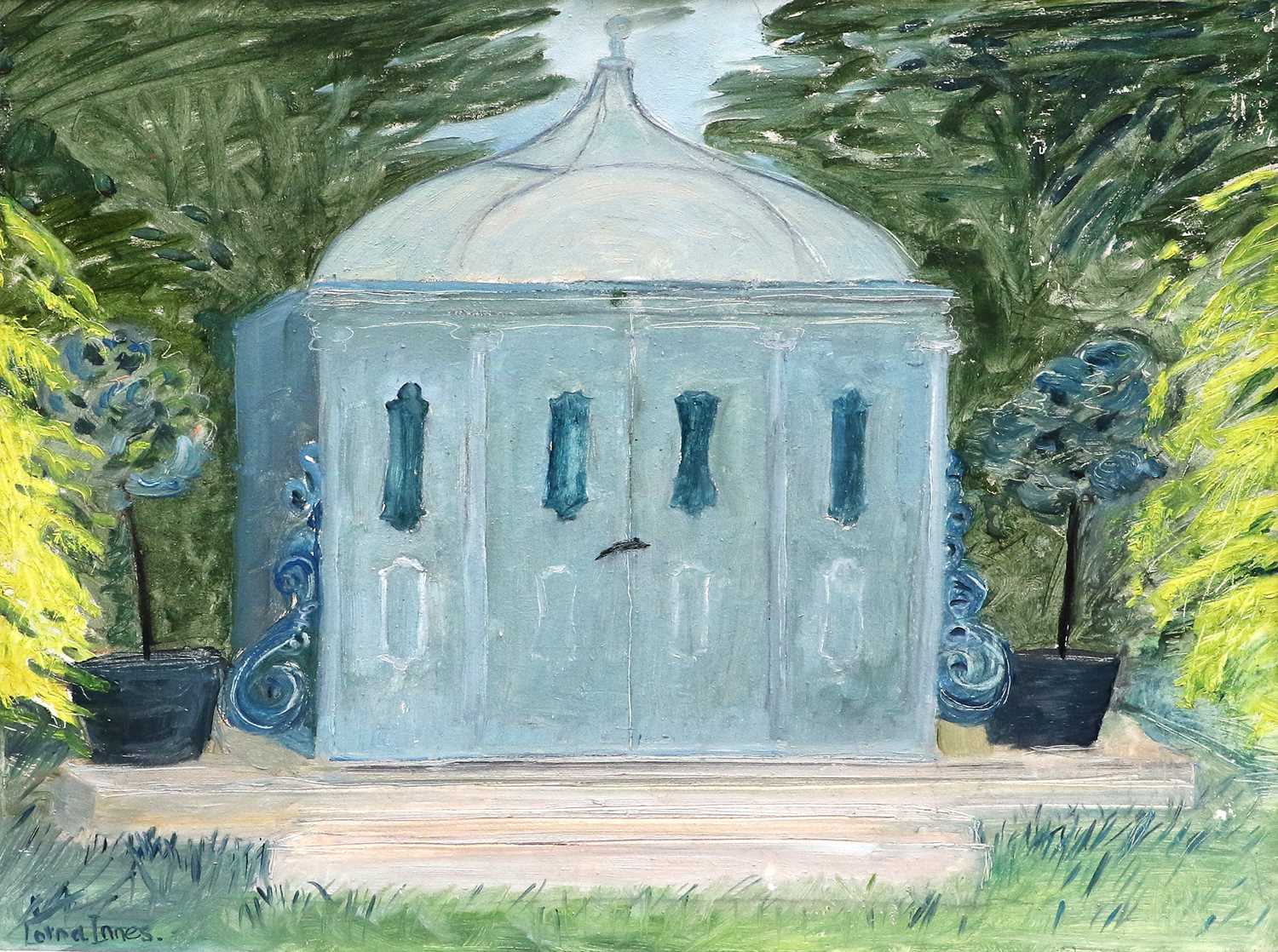 Lorna Innes (20th century)"The Blue Pavillion"Signed, inscribed artist label verso, oil on board;