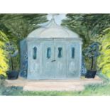 Lorna Innes (20th century)"The Blue Pavillion"Signed, inscribed artist label verso, oil on board;