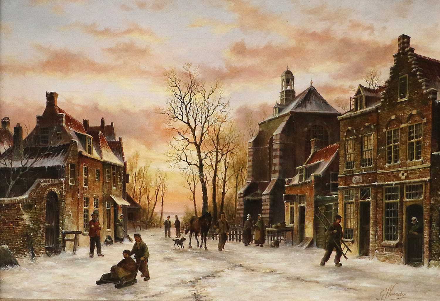 Gert-Jan Veenstra (b.1957)Dutch town scene with skating figuresSigned, oil on panel, 29cm by 39cm