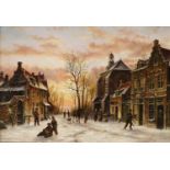 Gert-Jan Veenstra (b.1957)Dutch town scene with skating figuresSigned, oil on panel, 29cm by 39cm