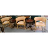 A Pair of Reproduction Tables, with leather tops, and Three Thonet Style Beech Chairs (5) Subject to