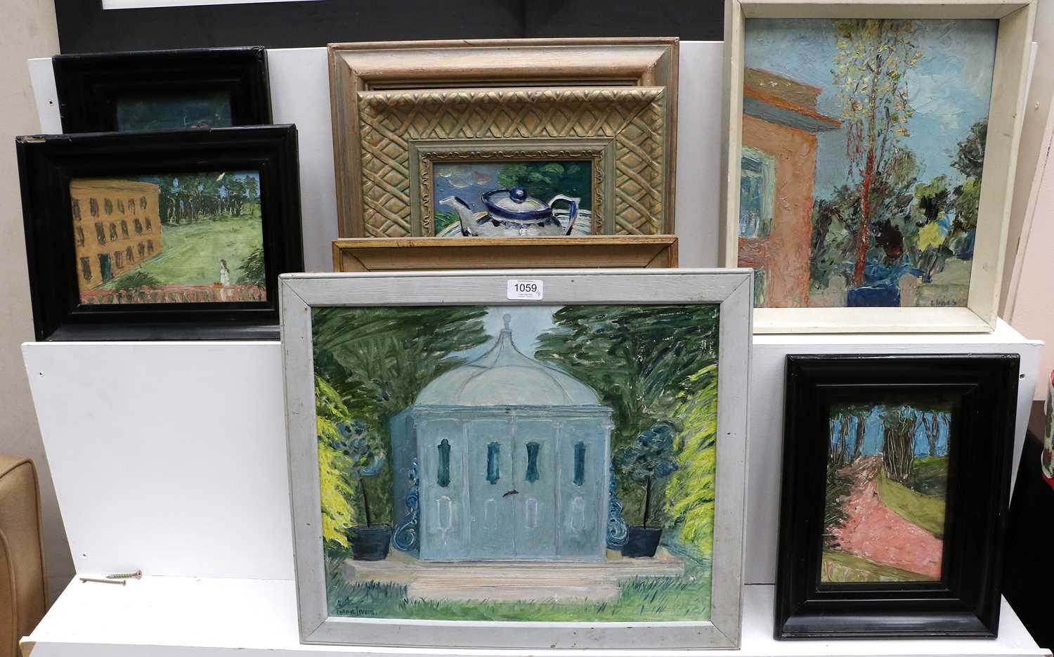 Lorna Innes (20th century)"The Blue Pavillion"Signed, inscribed artist label verso, oil on board; - Image 3 of 3