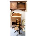 An Arts and Crafts Liberty Style Wall Cabinet, Oak Desk, and Oak Cake Stand (3)