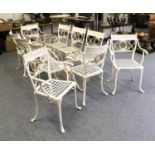 A Set of Reproduction Metal Garden Furniture, ten chairs, glass top tableSubject to import duty