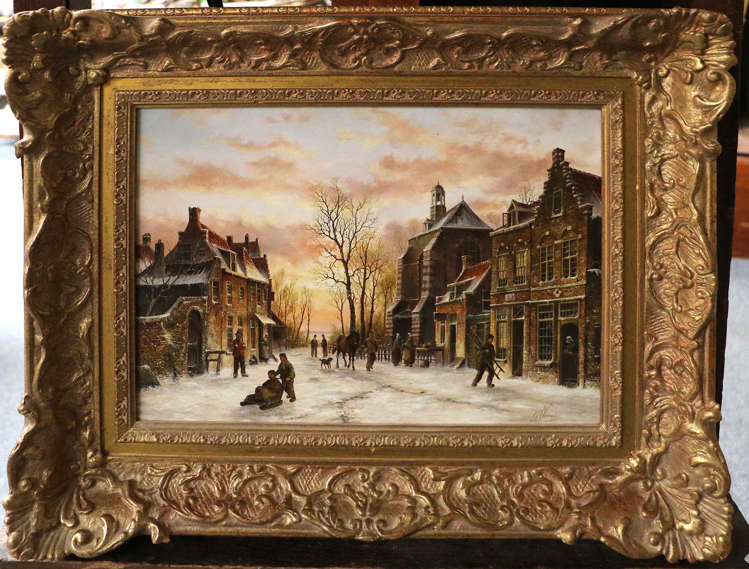 Gert-Jan Veenstra (b.1957)Dutch town scene with skating figuresSigned, oil on panel, 29cm by 39cm - Image 2 of 2