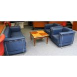 A Blue Leather Three Piece Suite, on chrome tubular frame, comprising a sofa and two chairs,