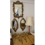 A Set of Three Gilt Twin-Light Wall Sconces, A Pair of Gilt Composition Mirrors, A Further Modern