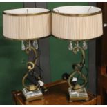 A Pair Of Modern Glass And Patinated Metal Table Lamps, of scroll form with lustre drops, 60cm (