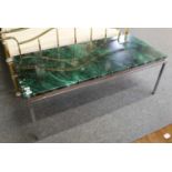 A 20th Century Laminated and Chrome Coffee Table, the simulated malachite top on a rectangular frame
