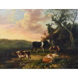 Circle of Charles Towne (1763-1840)A group of cattle grazing by a pondOil on canvas, 49cm by 64cm