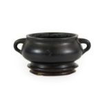 A Chinese Bronze Censer, Xuande reign mark but not of the period, of cushion circular form with loop