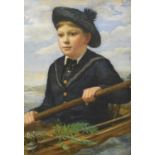 British School (19th/20th Century)Young boy wearing a sailors suit and paddling a canoe in a