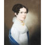 British School (19th Century)Portrait of a Regency lady, half length, wearing a spotted muslin