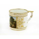 A Derby Porcelain Mug, circa 1810, with moulded horse hoof handle, painted with a landscape scene in