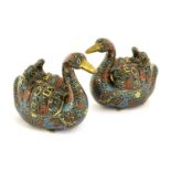 A Pair of Chinese Cloisonne Enamel Models of Geese, in 18th century style, naturalistically modelled