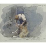 Brian Irving (1931-2013)Shearing Sheep Watercolour heightened with white, 15cm by 18cm