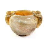 A Chinese Agate Censer, Qing Dynasty, 19th century, of ovoid form with figural handles, carved in
