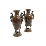 A Pair of Japanese Bronze Vases, Meiji period, of baluster form with flared necks and fish