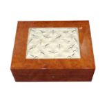 A Lalique Glass and Burr Madrona Humidor, modern, the hinged rectangular top set with an arcaded