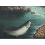 R Caspers (20th century)Landed Salmon on a river bank with fishing equipment nearbySigned, oil on