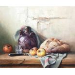 Robert Chailloux (1913-2006) French"Still life with Apples and Bread"Signed, oil on canvas, 44.5cm