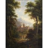 Attributed to Alexander Nasmyth (1758-1840) ScottishFigures surveying a castle in a wooded