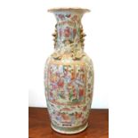 A Cantonese Porcelain Vase, 19th century, with lobed overhanging rim, having moulded lion dog