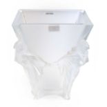 A Lalique Glass Space Vase, modern, of flared rectangular form, the angles moulded with female