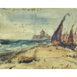 Attributed to Edwin Hayes RHA RI ROI (1819-1904)Beach scene with red sailed ship before distant