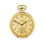 Elgin: An Art Deco 14 Carat Gold Open Faced Pocket Watch, signed Elgin, circa 1925, manual wound