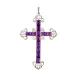 An Amethyst and Diamond Cross Pendantthe calibré cut amethysts arranged in a cross formation, to