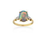 An Opal and Diamond Ringthe oval cabochon opal in a yellow four claw setting, to eight-cut diamond