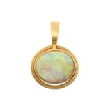 An Opal Pendantthe oval opal plaque in a yellow rubbed over setting, to a plain polished openwork