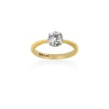 A Diamond Solitaire Ringthe old cut diamond in a white claw setting, to a yellow tapered shoulder