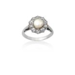 A Pearl and Diamond Cluster Ringthe pearl within a border of old cut diamonds, in white claw