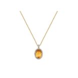 An 18 Carat Gold Citrine and Diamond Cluster Pendant on Chainthe oval cut citrine within a border of