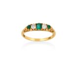 An Emerald and Diamond Five Stone Ringtwo old cut diamonds alternate with three emerald-cut