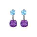 A Pair of Blue Topaz, Amethyst and Diamond Drop Earringsthe cushion shaped blue topaz suspends a