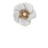 An Enamel, Cultured Pearl and Diamond Brooch realistically modelled as a flowerhead, the central