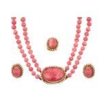 A Rhodochrosite and Cultured Pearl Necklace, Earring and Ring Suitethe 53:55 graduated rhodochrosite