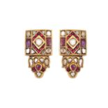 A Pair of Indian Ruby and Diamond Clipsthe square plaque set throughout with lasque cut diamonds and