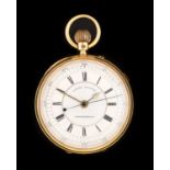 An 18 Carat Gold Open Faced Chronograph Pocket Watch, 1885, manual wound lever movement, enamel dial