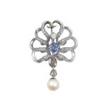 A Sapphire, Diamond and Cultured Pearl Brooch/Pendantthe oval cut sapphire in a white claw