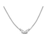 A Diamond Necklacetwo hands clutching a round brilliant cut diamond, with round brilliant cut