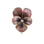 An Art Nouveau Enamel and Diamond Brooch realistically modelled as a pansy, with an old cut