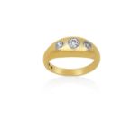 A Diamond Three Stone Ringthe graduated old cut diamonds in white rubbed over settings, to a